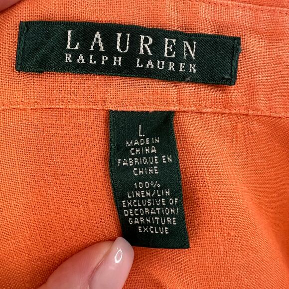Lauren Ralph Lauren Linen Button Down Top Orange Long Sleeve Pockets Size L - Picture 8 of 12